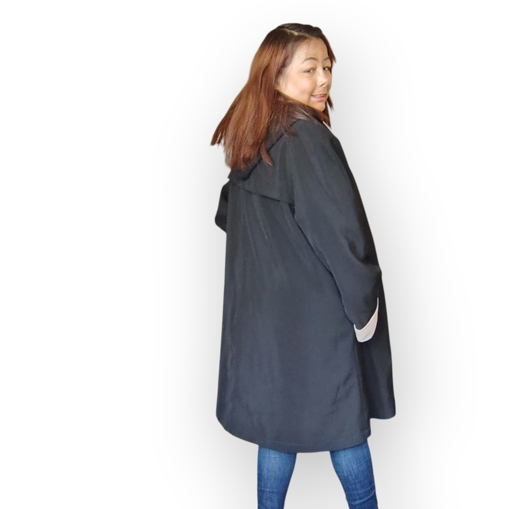 CONTEMPORAINE. Women's Black Trenchcoat With Beige Cuffs On Sleeve Size Large. - Picture 10 of 14